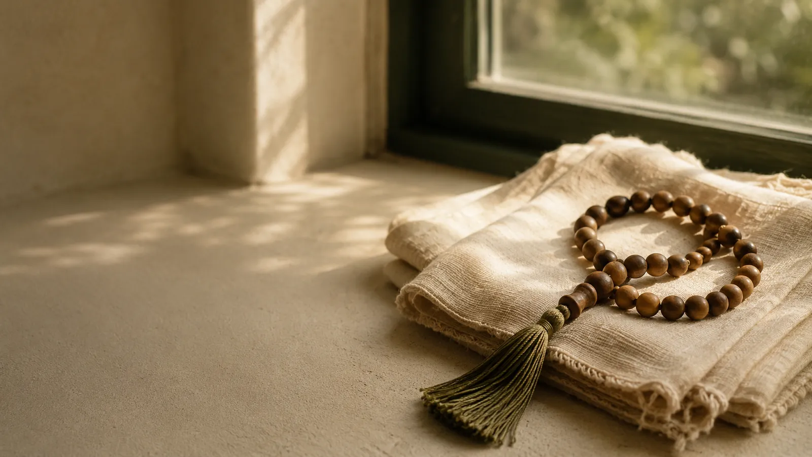 Wooden prayer beads on a cream cloth