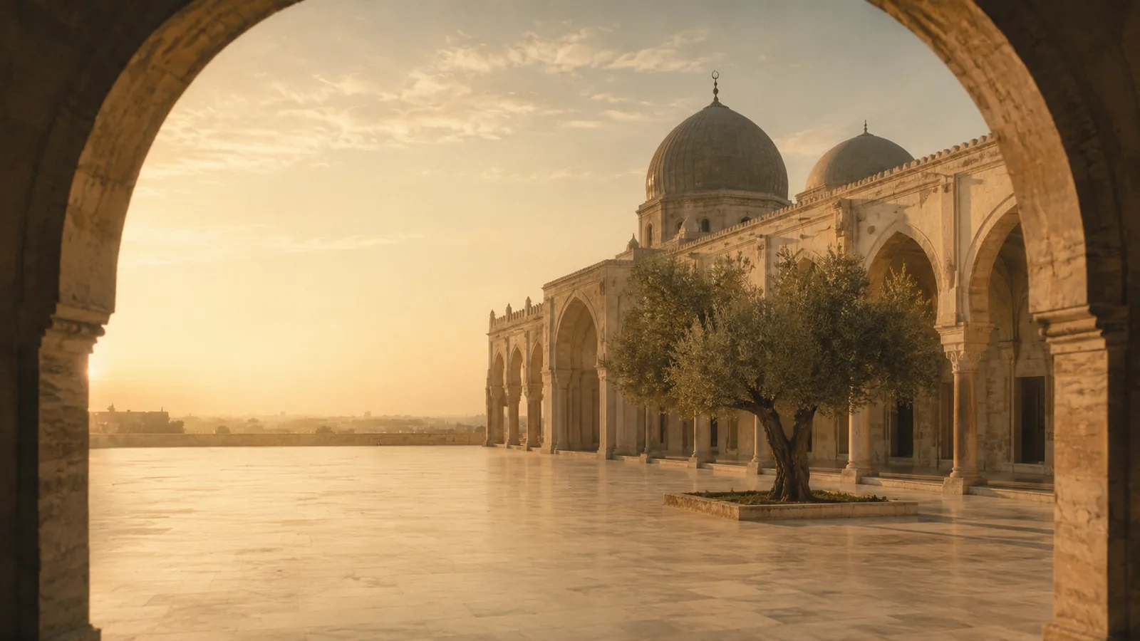 Sunlit mosque courtyard seen through a stone arch