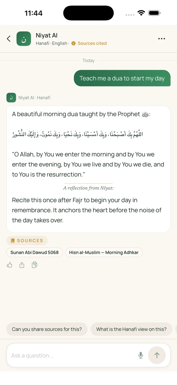 Niyat AI answering an Islamic question with sourced citations from Sahih Muslim and classical scholarship