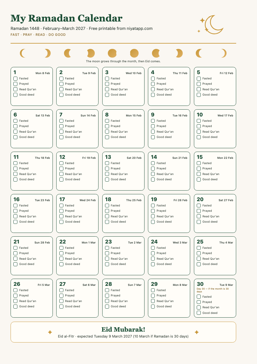 Preview of the printable Ramadan 2027 calendar for kids: 30 day boxes, moon phases, and an Eid box